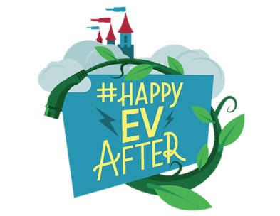 A logo with the words #Happy EV After in a fairy tale style with a castle and bean stalk depicted