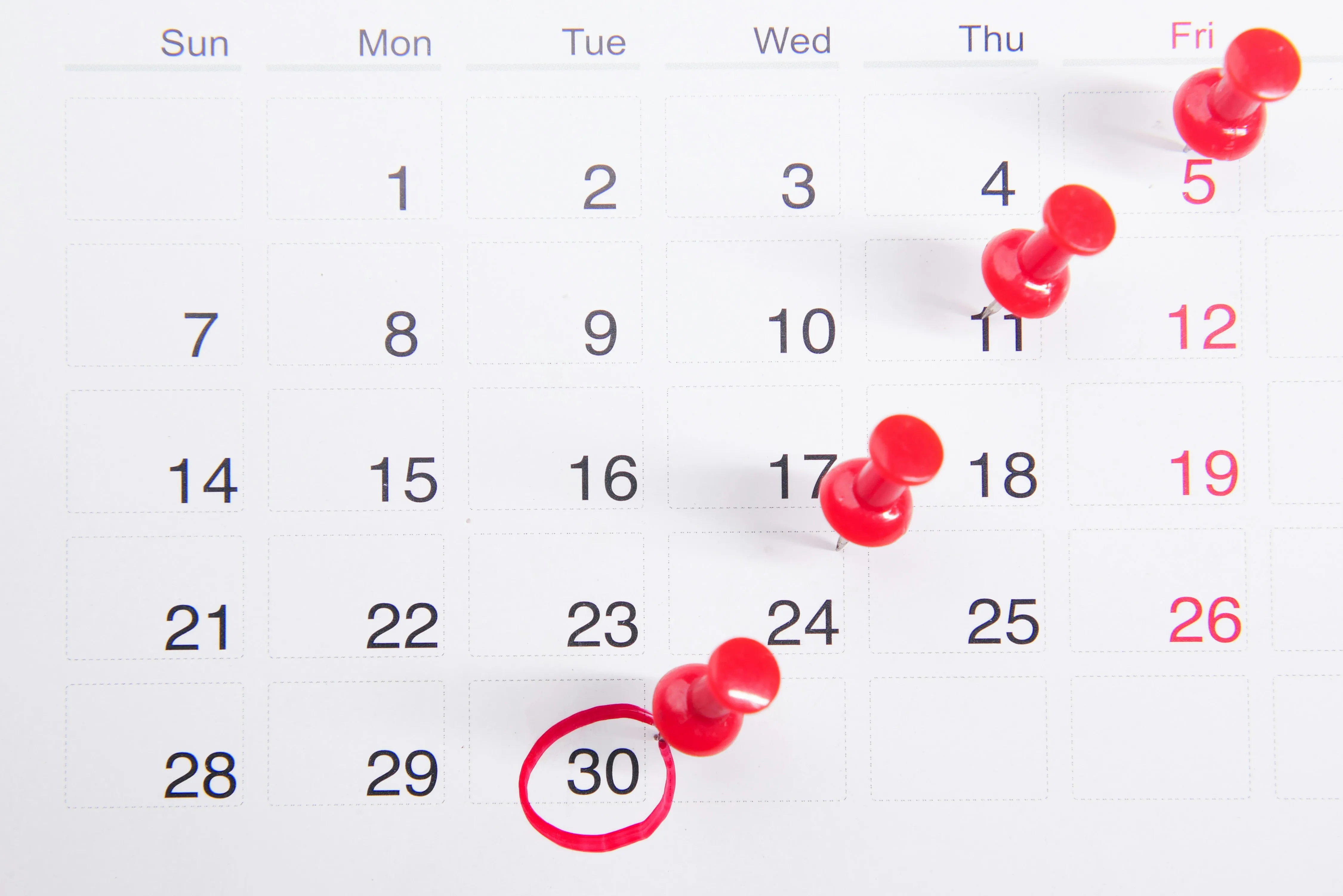 calendar page with red pins marking each week