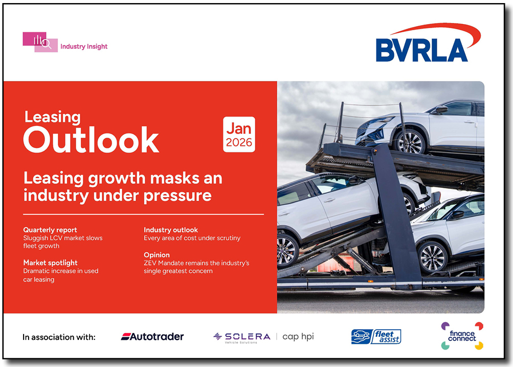 Red front cover of the BVRLA's Leasing Outlook report dated Jan 2026. Image on the right shows a load loader with 3 white cars on it