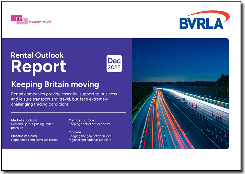 Purple front cover of the BVRLA Rental Outlook Report, dated December 2025. Image on the right shows a motorway at night with bright lights
