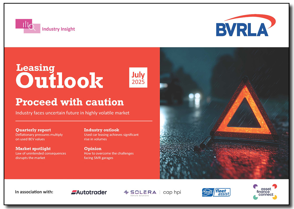 BVRLA Leasing Outlook Report July 2025, red front cover features image of warning triangle on a road on a rainy night