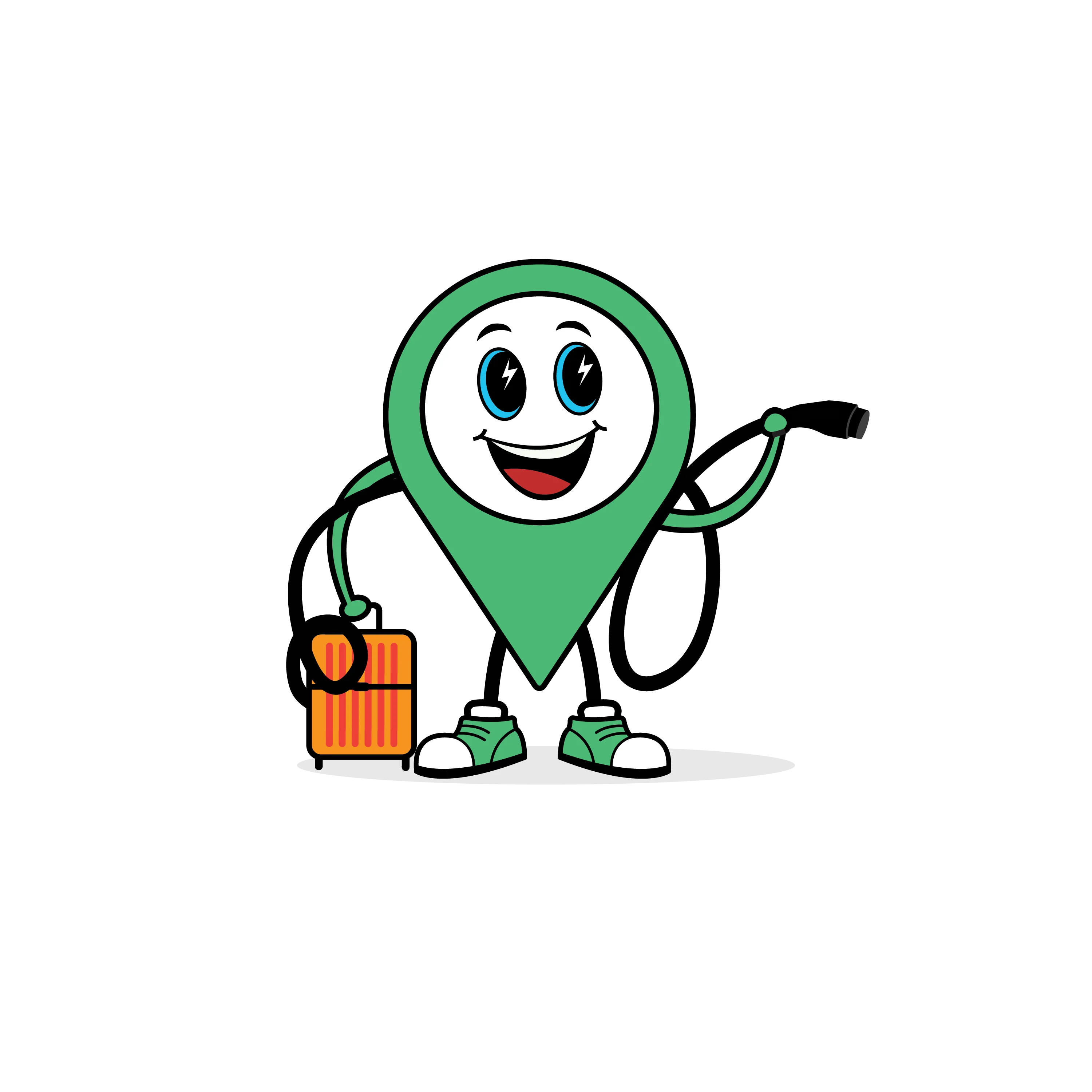 Bon VoyCharge mascot,  a green destination pin with a smiley, cartoon face, trainers, a suitcase and holding a charging cable