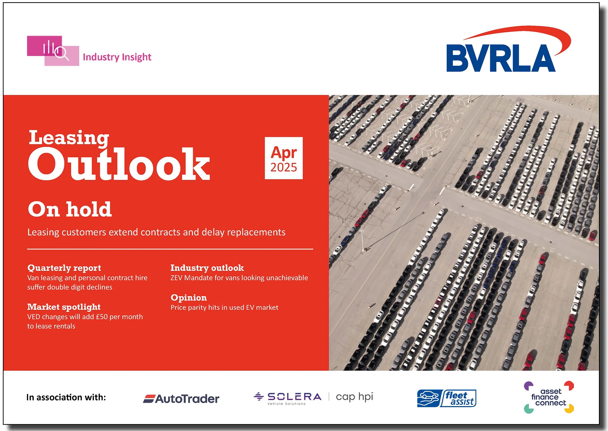 Front cover of the B V R L A's Leasing Outlook report from April 2025. The cover depicts a vehicle park and has the headline 'On hold'
